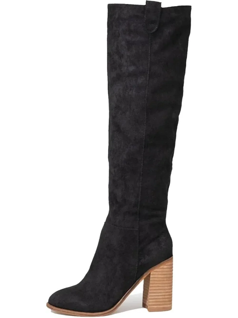 Women's Black High Heel Round Toe Faux Suede Side Zipper Slouch Knee High Boots